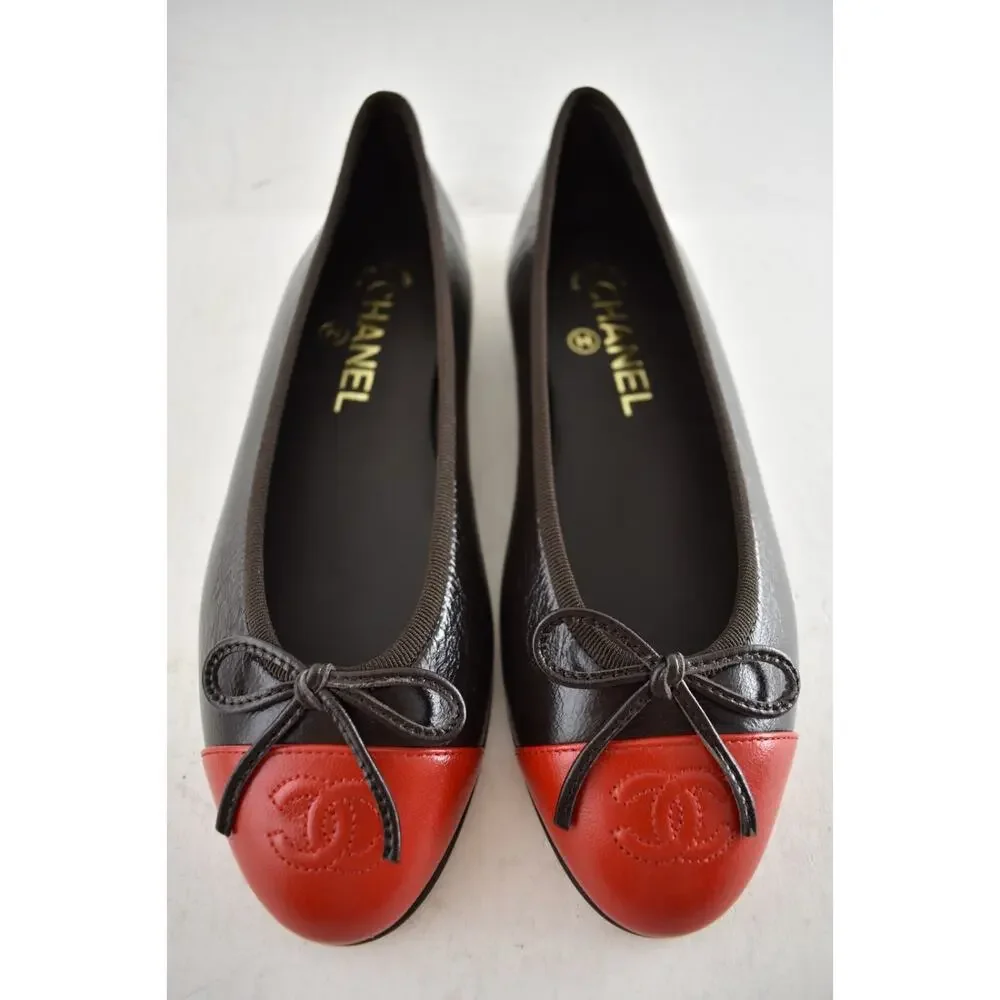 Chanel 26S Dark Brown Red Leather CC Logo Cap Classic Ballet Ballerina Flat 39 - Picture 12 of 16